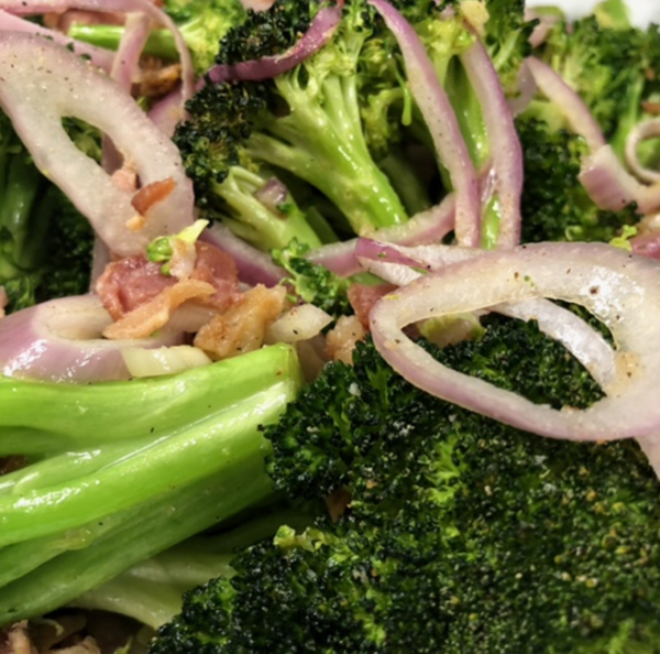 Gooder Roasted Broccoli with Onions and Bacon