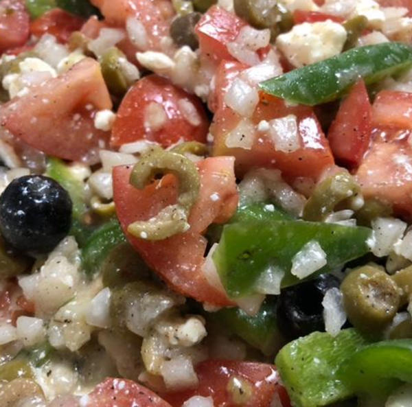 Mediterranean Tomato Salad with Feta Cheese, Green Olive and Tomato Dressing